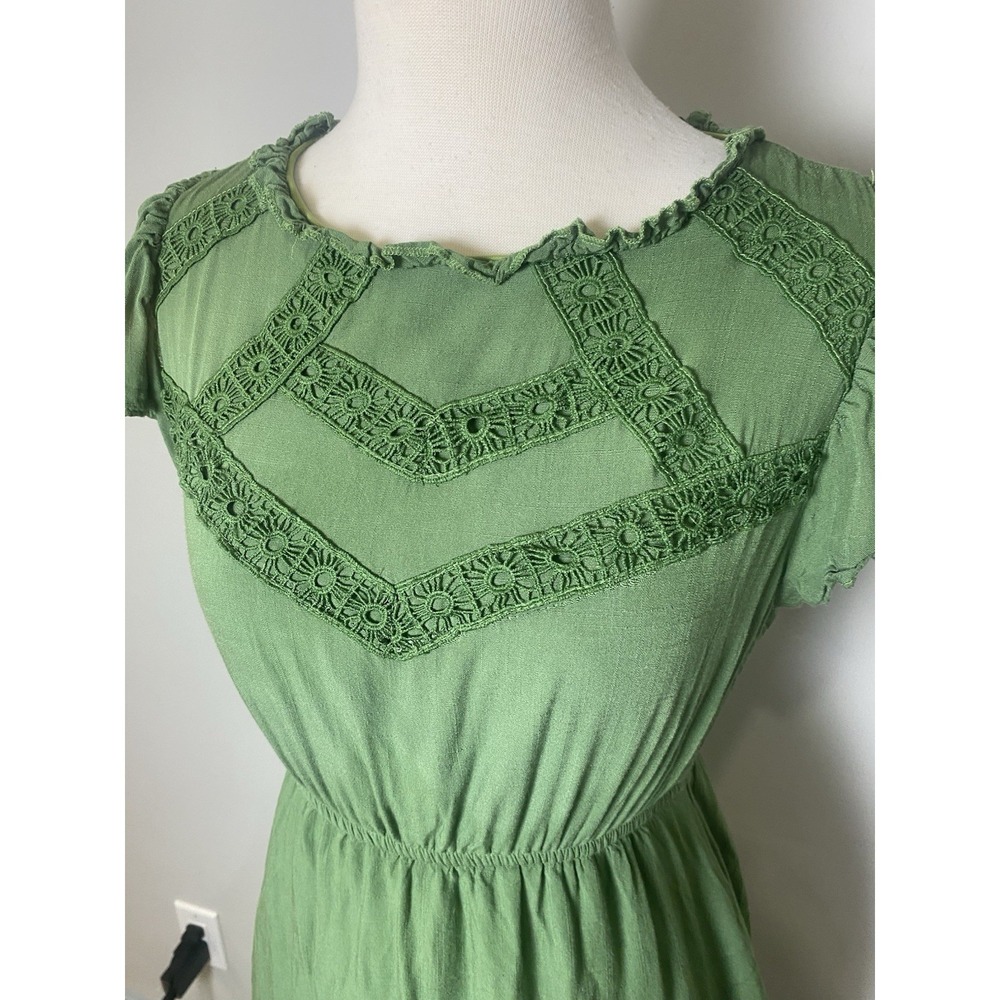 Polagram Green Midi Dress Size S Boho Cottagecore Prairie Crochet Flutter Sleeve - Picture 2 of 4